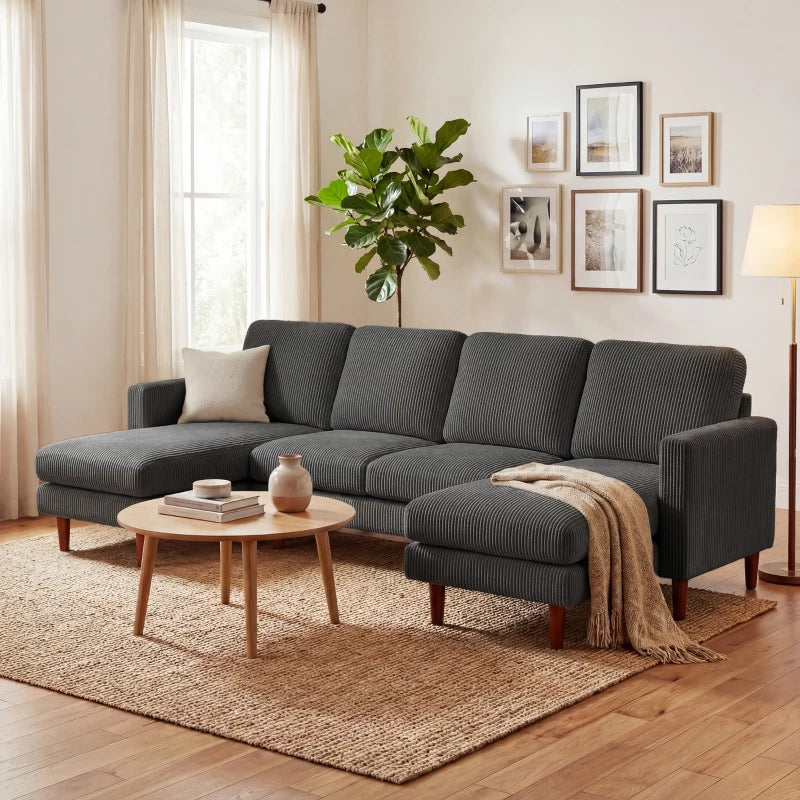 Sectional Sofa, Corduroy U Shaped Couch with Double Chaise and Spring Cushions, 2200lb Capacity, Dark Grey