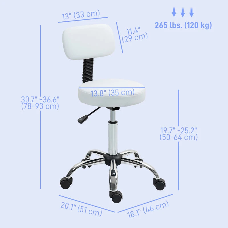 Adjustable Rolling Stool with Removable Backrest, Faux Leather Swivel Stool Chair for Salon Spa, Bar, Massage, White