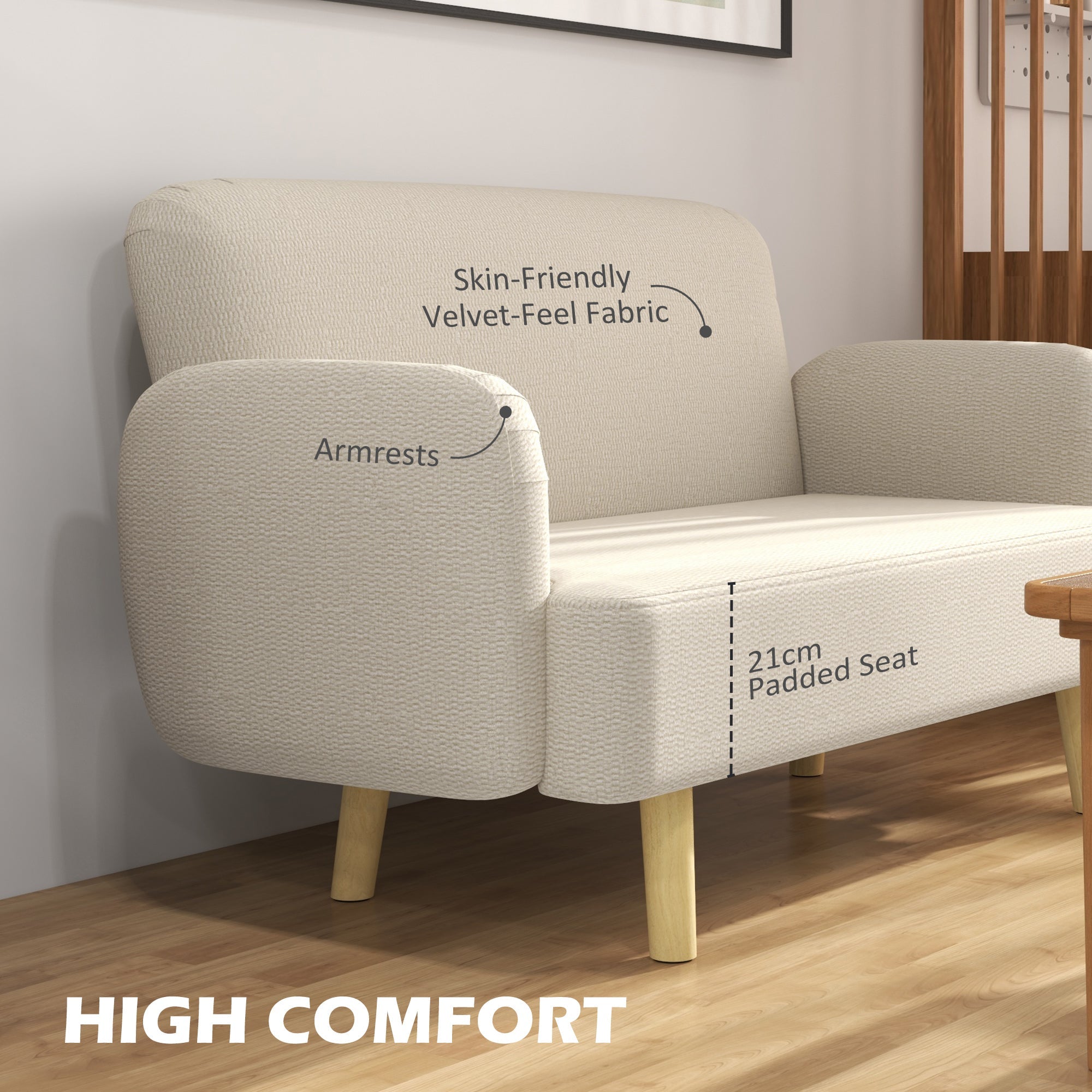 HOMCOM Velvet Feel Fabric 2 Seater Sofa, Small Sofa Loveseat with 8.3" Thick Padding and Wood Legs, Cream White