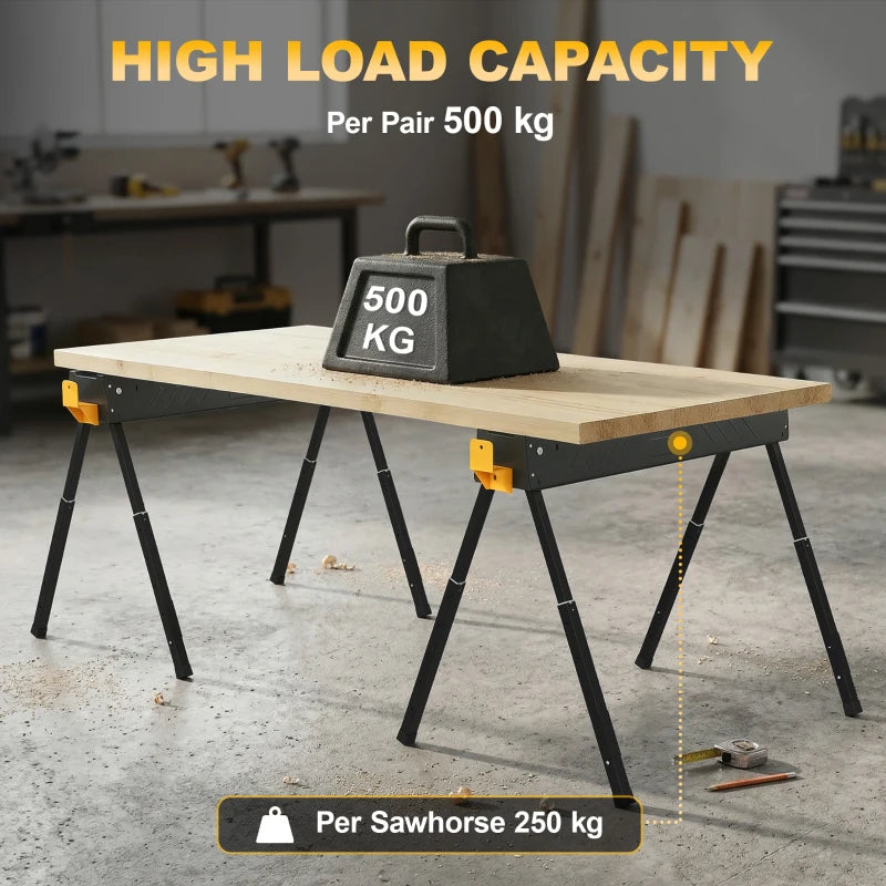 HOMCOM Folding Mitre Saw Stands, Adjustable Sawhorses Set of 2, 1100 lb Capacity Work Support with 2x4 Brackets, Carry Handles & Non-Slip Feet, Black