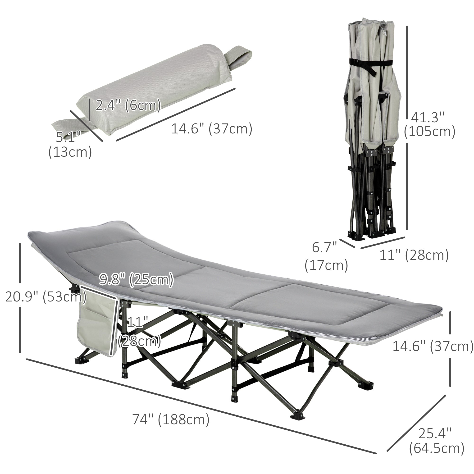 Outsunny Folding Camping Cot for Adults with Mattress Pillow Double Layer Oxford Heavy Duty Sleeping Cot Carry Bag Grey