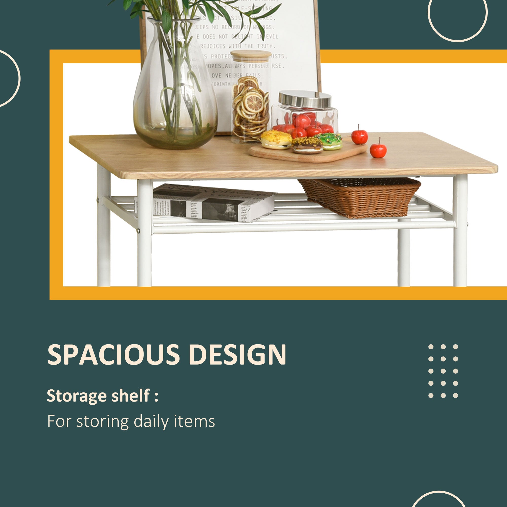 HOMCOM Counter Height Dining Set 3 Piece White Oak with Storage Shelf Metal Frame Footrest 1 Table 2 Stools for Kitchen
