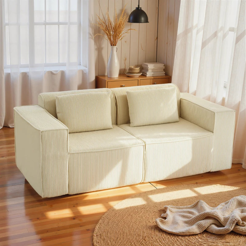 Boneless Couch, Corduroy 3 Seater Sofa with Deep Seat, Wide Armrests, 2 Pillows, Quick Assembly for Living Room, Beige