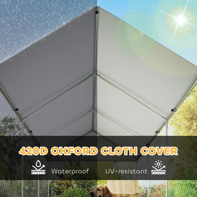 Outdoor Dog Run with Adjustable & Rotatable Bowls, Waterproof UV-Resistant Cover, Escape-Proof Lock, 19.7' x 7.5' x 7.5'