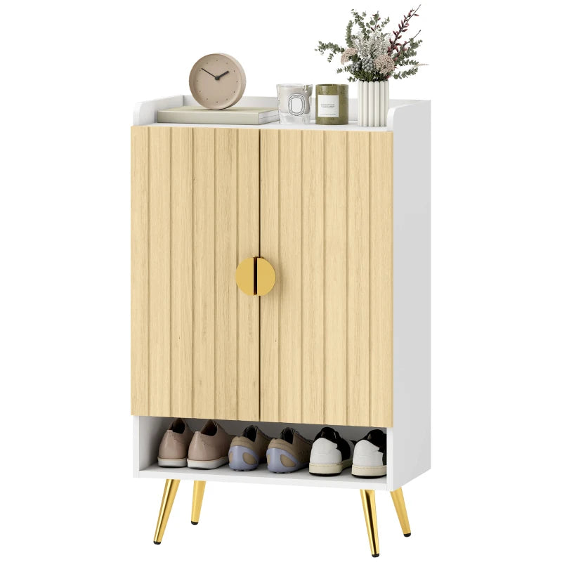 Entryway Shoe Storage Cabinet, Narrow Shoe Cabinet with Adjustable Shelves and Open Shelf for 15 Pairs of Shoes, Natural