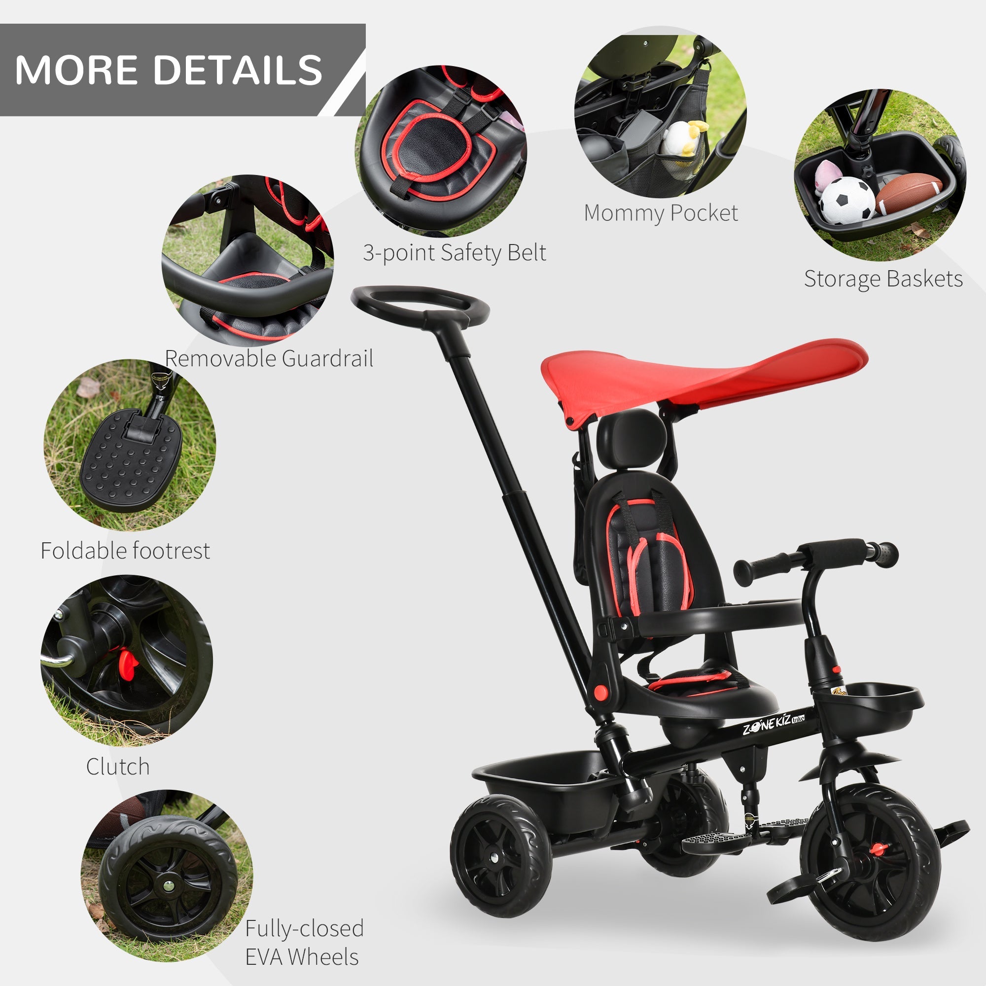 Aosom Qaba Stroller Trike: Baby Tricycle 4 In 1, Reversible Seat, Adjustable Removable Canopy, Handrail Belt, Red