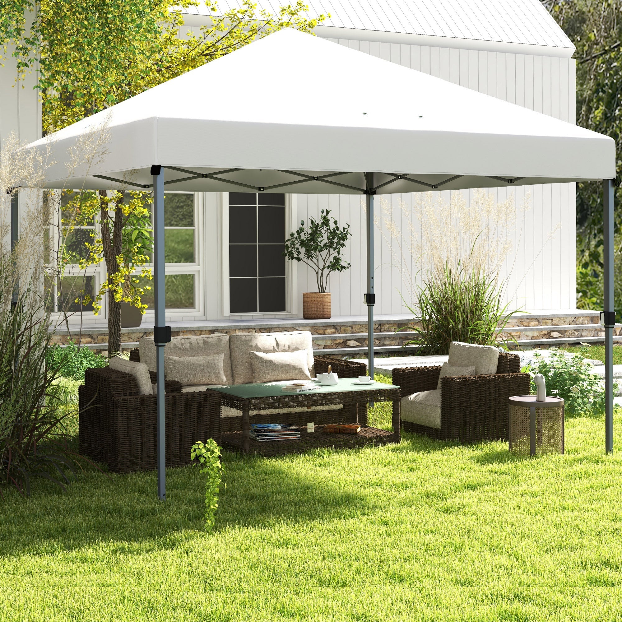 Outsunny 10x10FT Pop Up Canopy Instant Sun Shelter with Push Button Wheeled Bag Stakes Ropes Sandbags