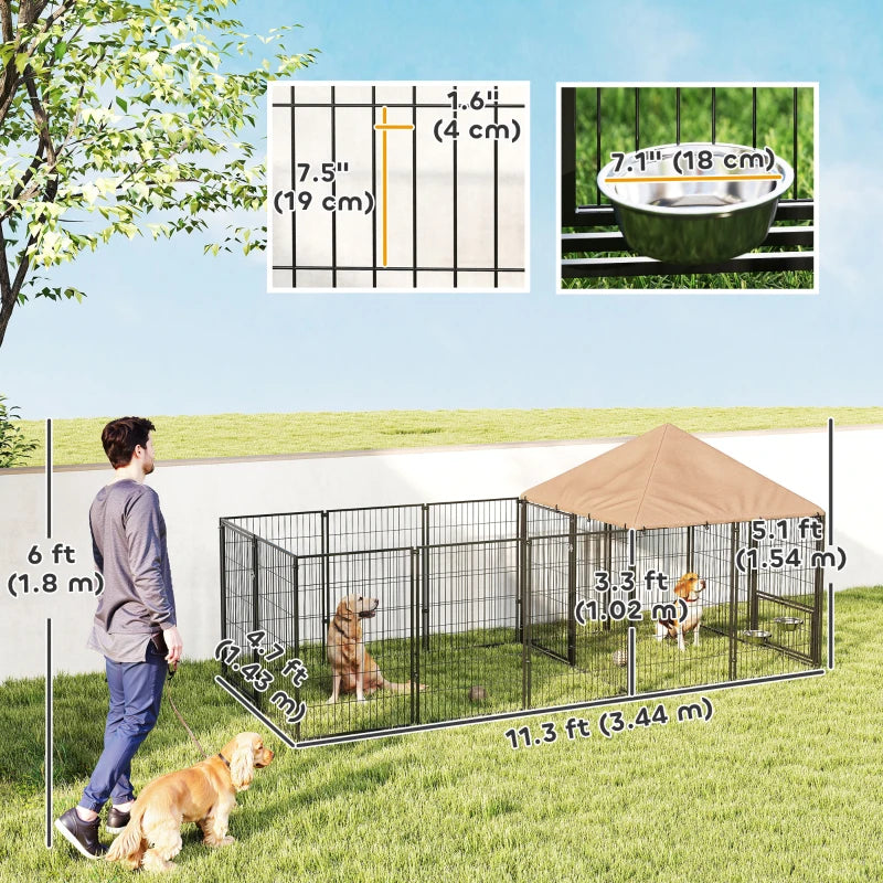 Outdoor Dog Kennel with Rotating and Adjustable Height Bowls, Waterproof UV-Resistant Cover, 11.3' x 4.7' x 5.1'