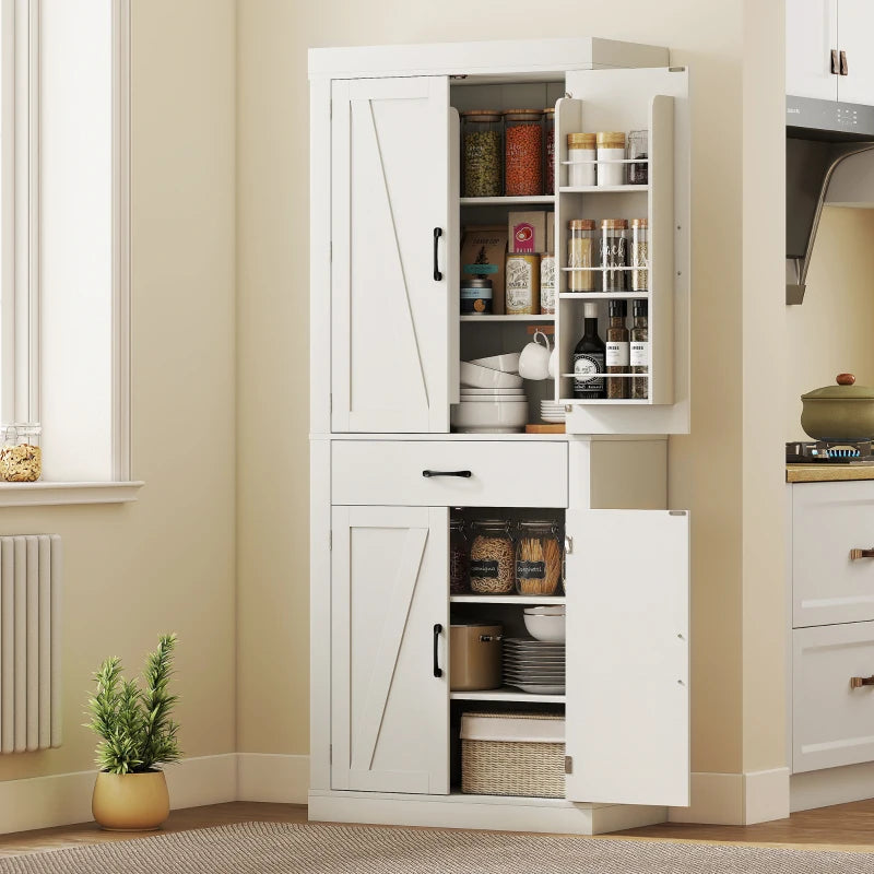 72" Kitchen Pantry Cabinet, Farmhouse Kitchen Storage Cabinet with 4 Barn Doors, 6 Door Shelves, Drawer, White