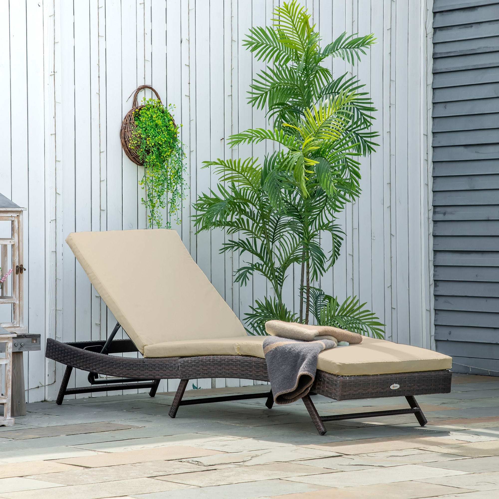 Outsunny Wicker Patio Lounger, Outdoor Recliners Lounge Chair w/ 5-Level Adjustable Backrest, Cushion for Outdoor, Khaki