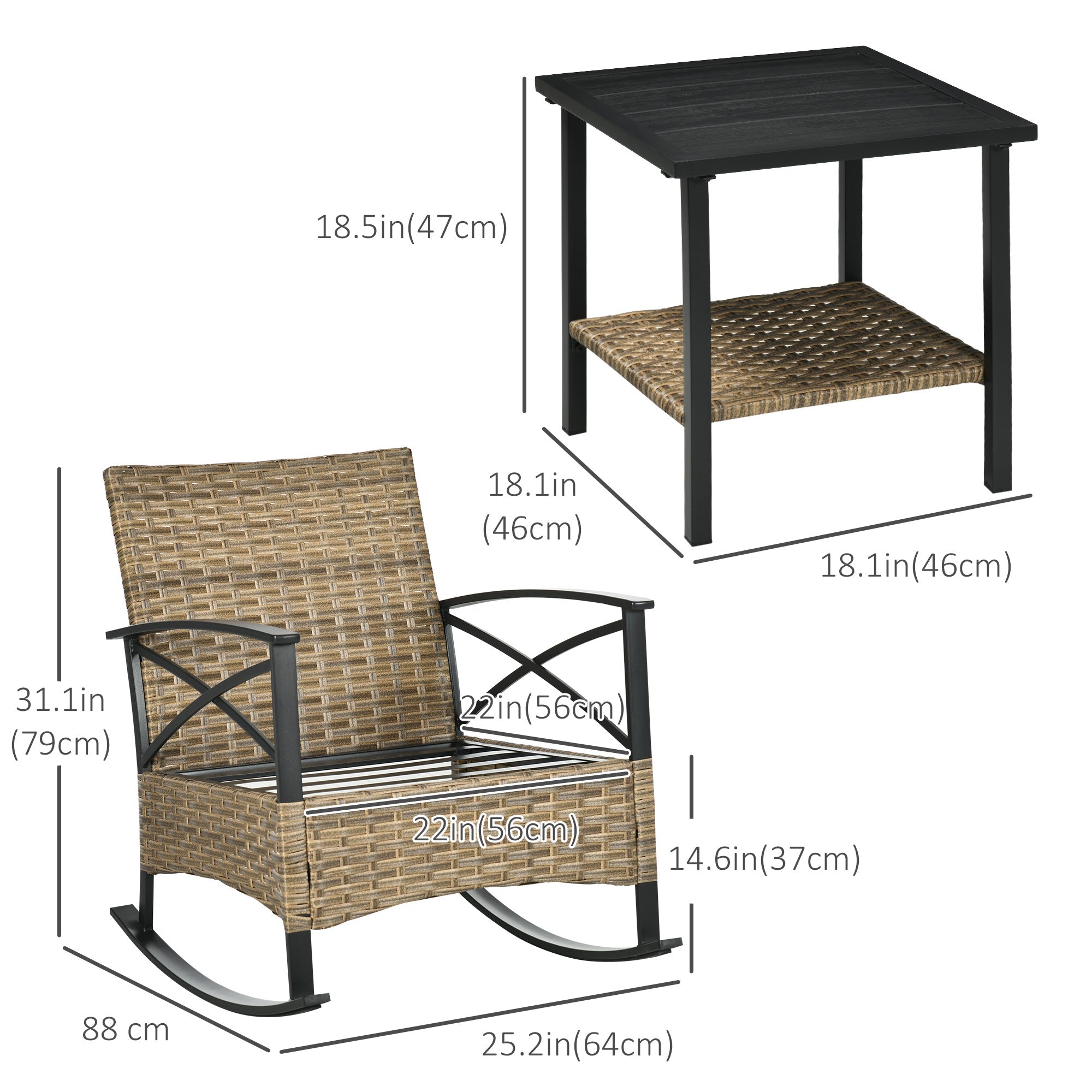 Outsunny Patio Wicker 3 Pieces Rocking Chair Set, PE Rattan Bistro Set with Padded Cushions, Rocker Chairs and Two-tier Iron Plate Top