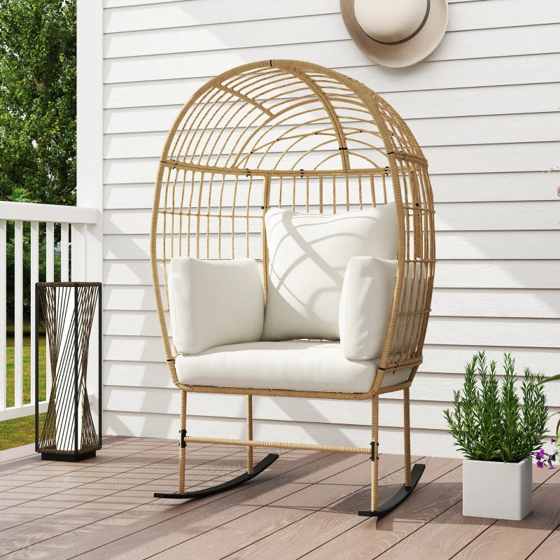 Oversized Rocking Chair, Indoor Outdoor Egg Chair w/ Thickened Cushions, Wicker Patio Lounger for Porch, Balcony, Beige