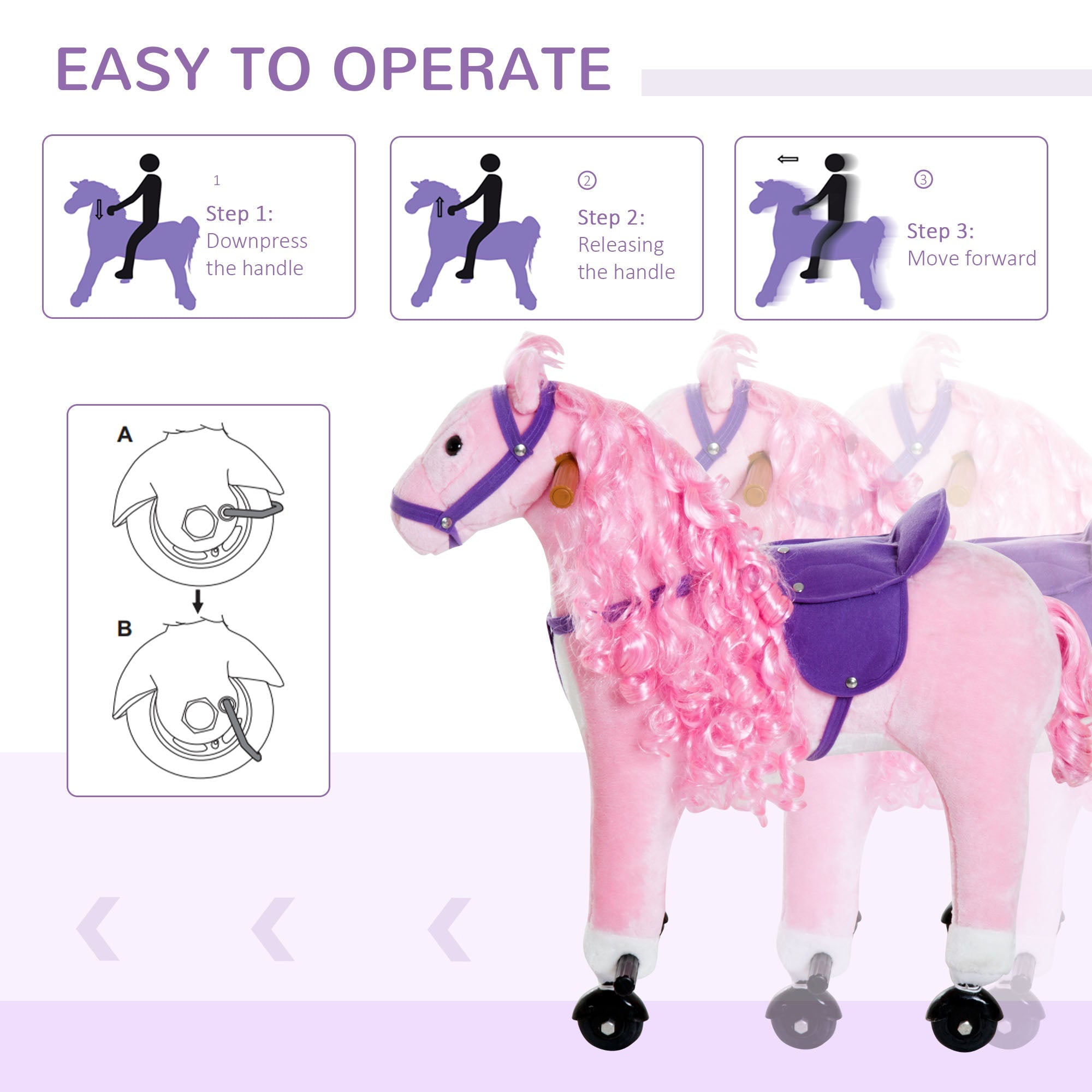 Qaba Pink Plush Pony Ride-On Toy for Kids - Rocking Horse with Neigh Sound & Wheels, 110lb Weight Limit