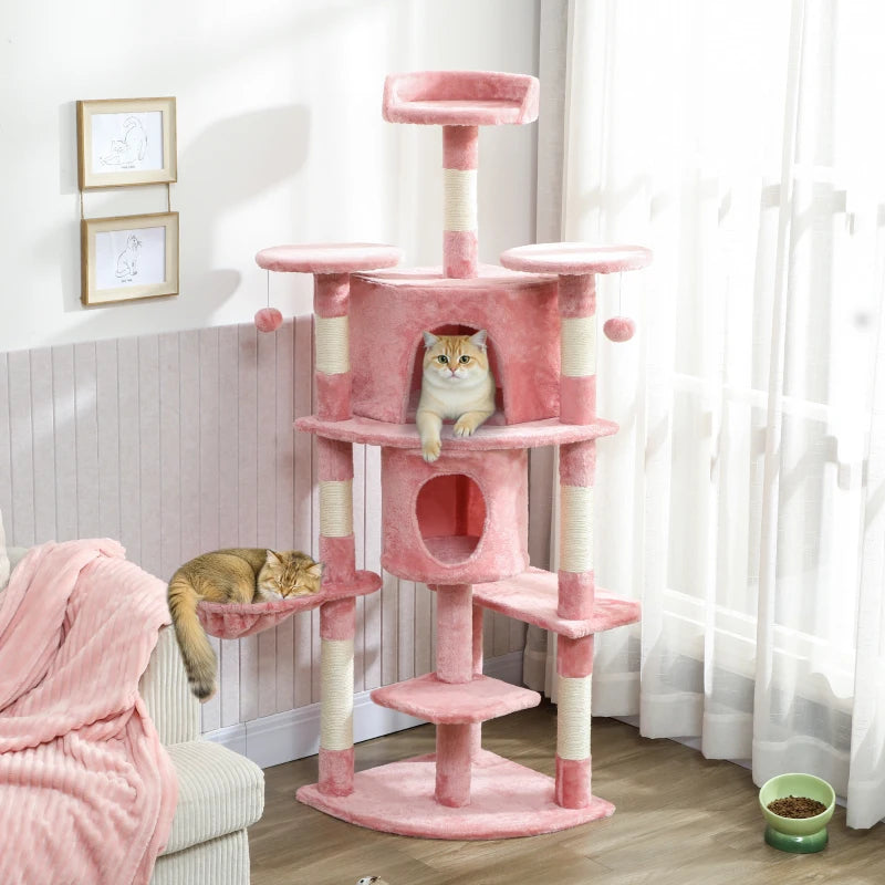 62" Cat Tree with Scratching Post, 2 Condos, Hammock, Perches, Plush, Pompoms, for Indoor Cats, Pink