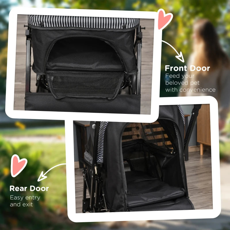 Foldable Cat Dog Travel Carriage, 4 Wheels Pet Stroller with EVA Wheel Brake, 3-stage Canopy, Mesh Window Door, Black