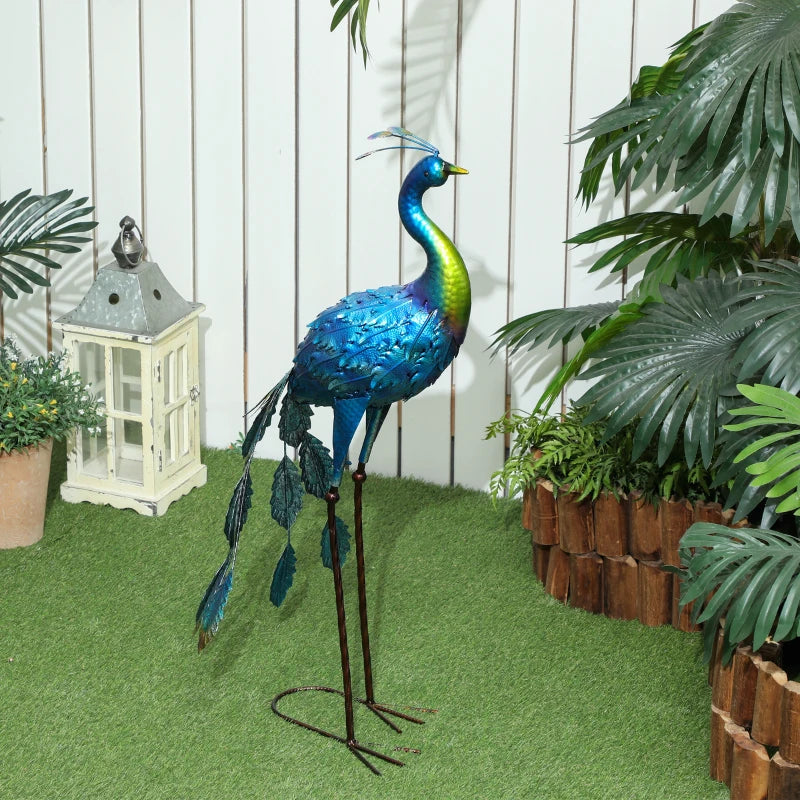 Peacock Garden Statue, 32.7" Standing Lawn Ornament Bird Statue with Stakes for Lawn Navy Blue