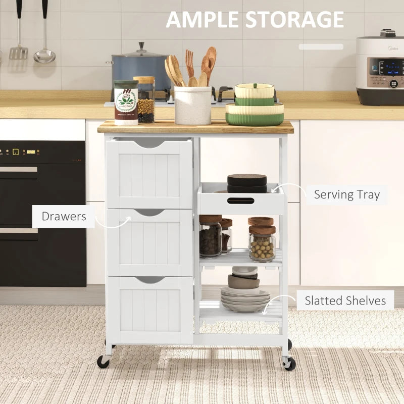 Kitchen Cart on Wheels, Rolling Kitchen Island Cart with Wood Top, 3 Drawers and Shelves for Home Dining Area