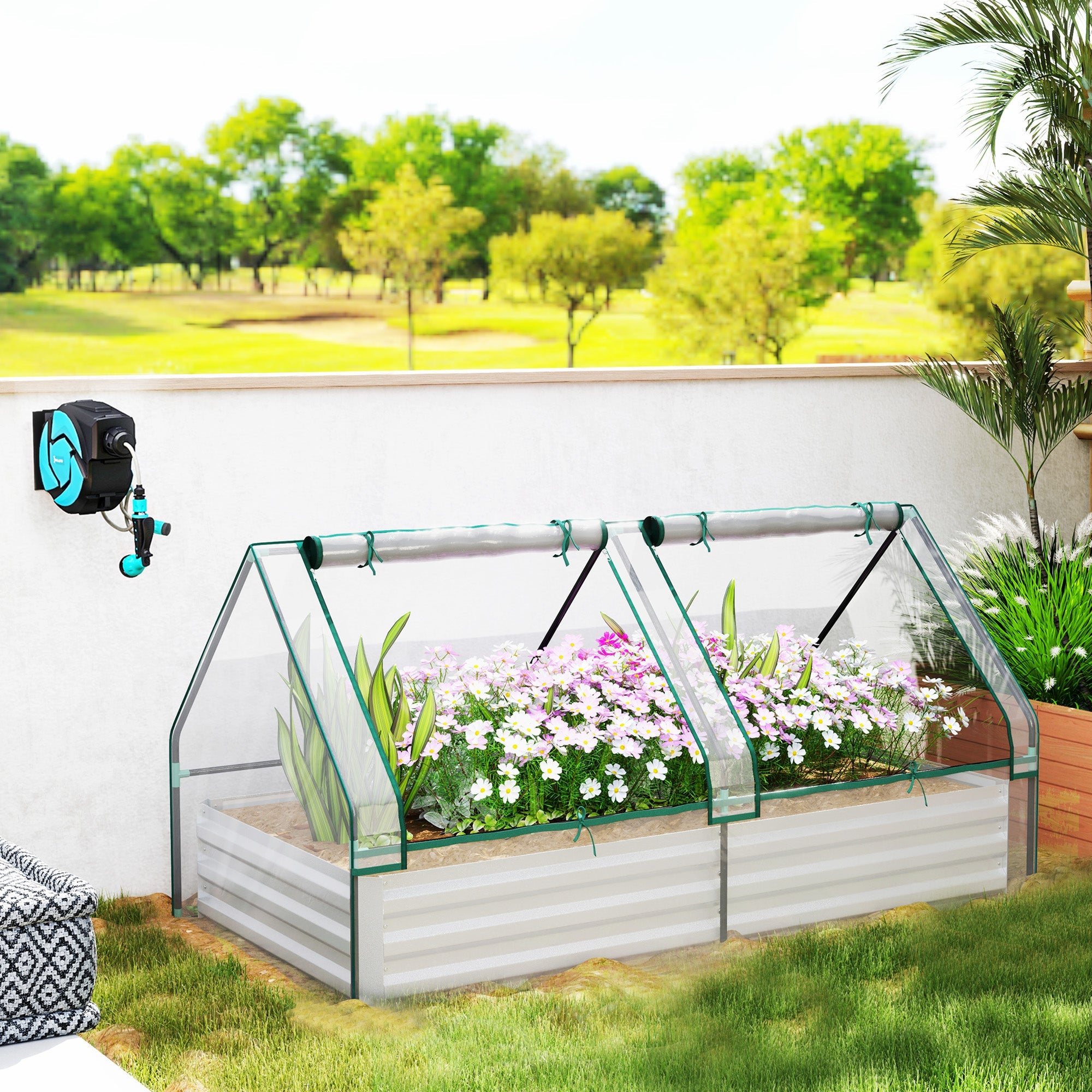 Outsunny 6' x 3' Metal Planter Box with Cover, Raised Garden Bed with Mini Greenhouse for Herbs, Vegetables, Clear and Silver