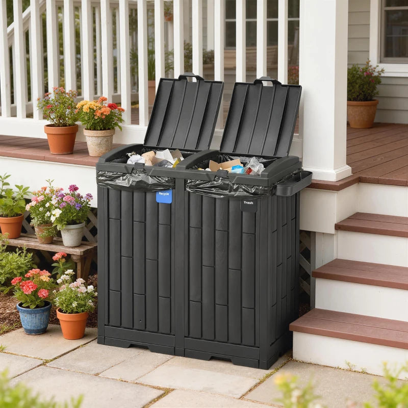 58 Gallon Double Outdoor Garbage Bin with Dual Lid, Plastic Outdoor Waste Trash Can with Ash Holder and Drip Trays