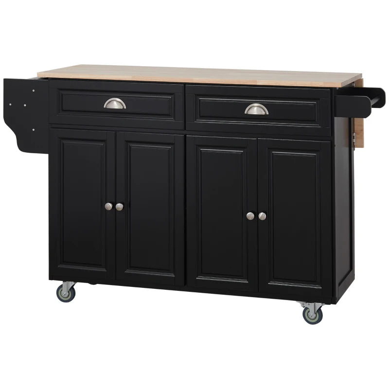 Kitchen Island with Storage, Rolling Kitchen Island with Drop Leaf, Rubber Wood Top and Adjustable Shelves, Black