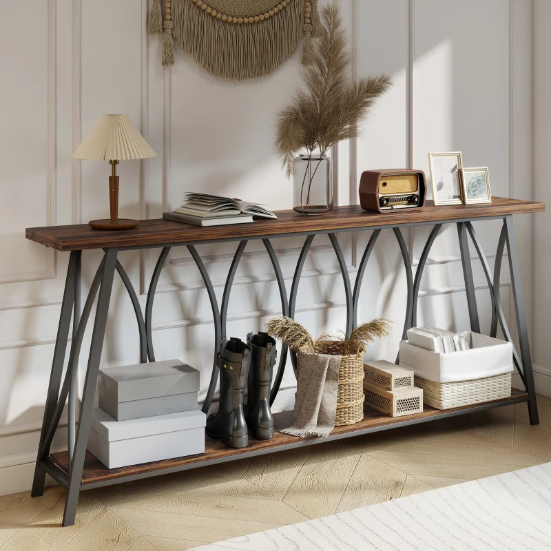 71" Console Table, Industrial 2-Tier Narrow Entryway Table with Metal Frame for Living Room, Hallway, Rustic Brown