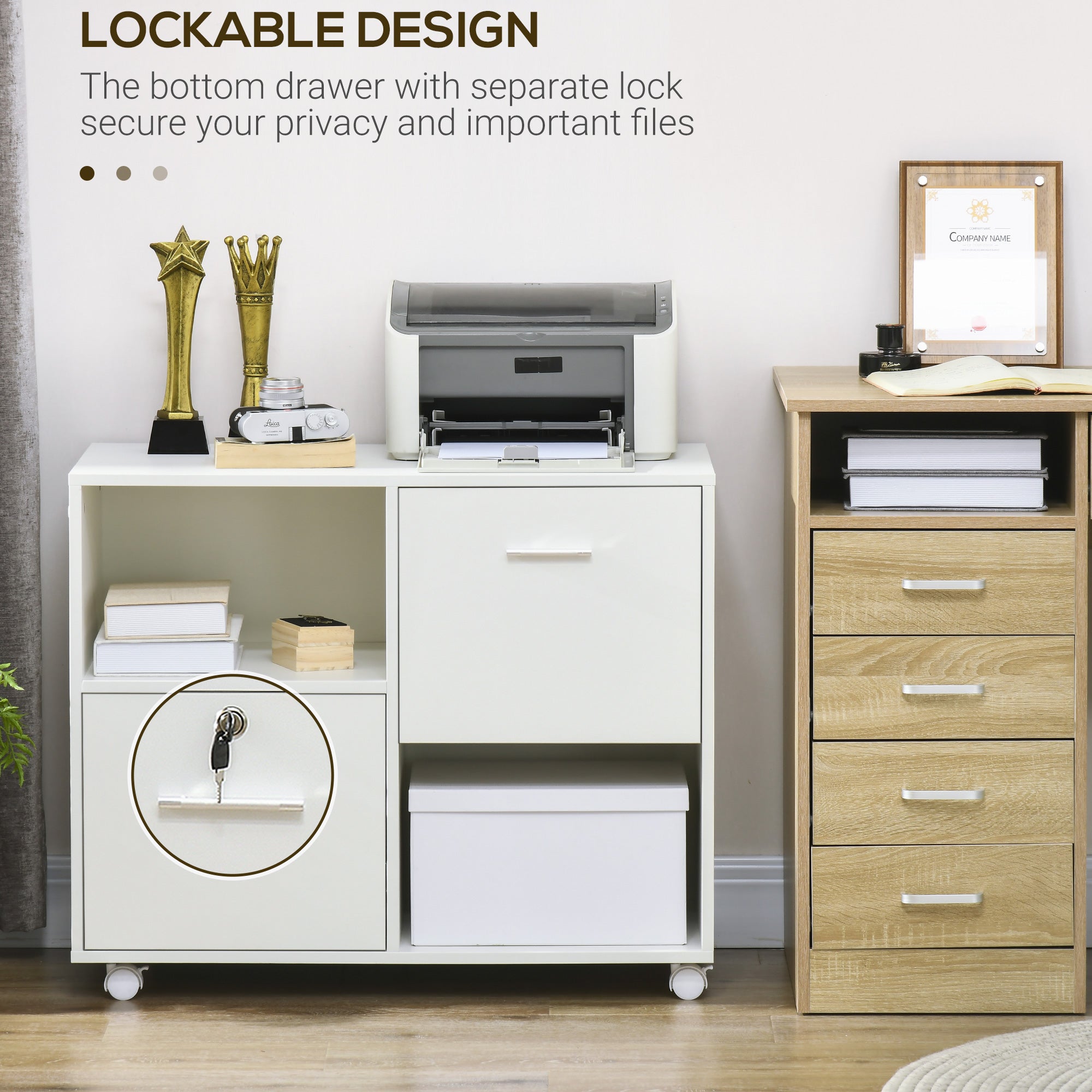Vinsetto Lateral File Cabinet: Drawers, Lock, Open Shelves, Wheels for A4/Letter Size, White