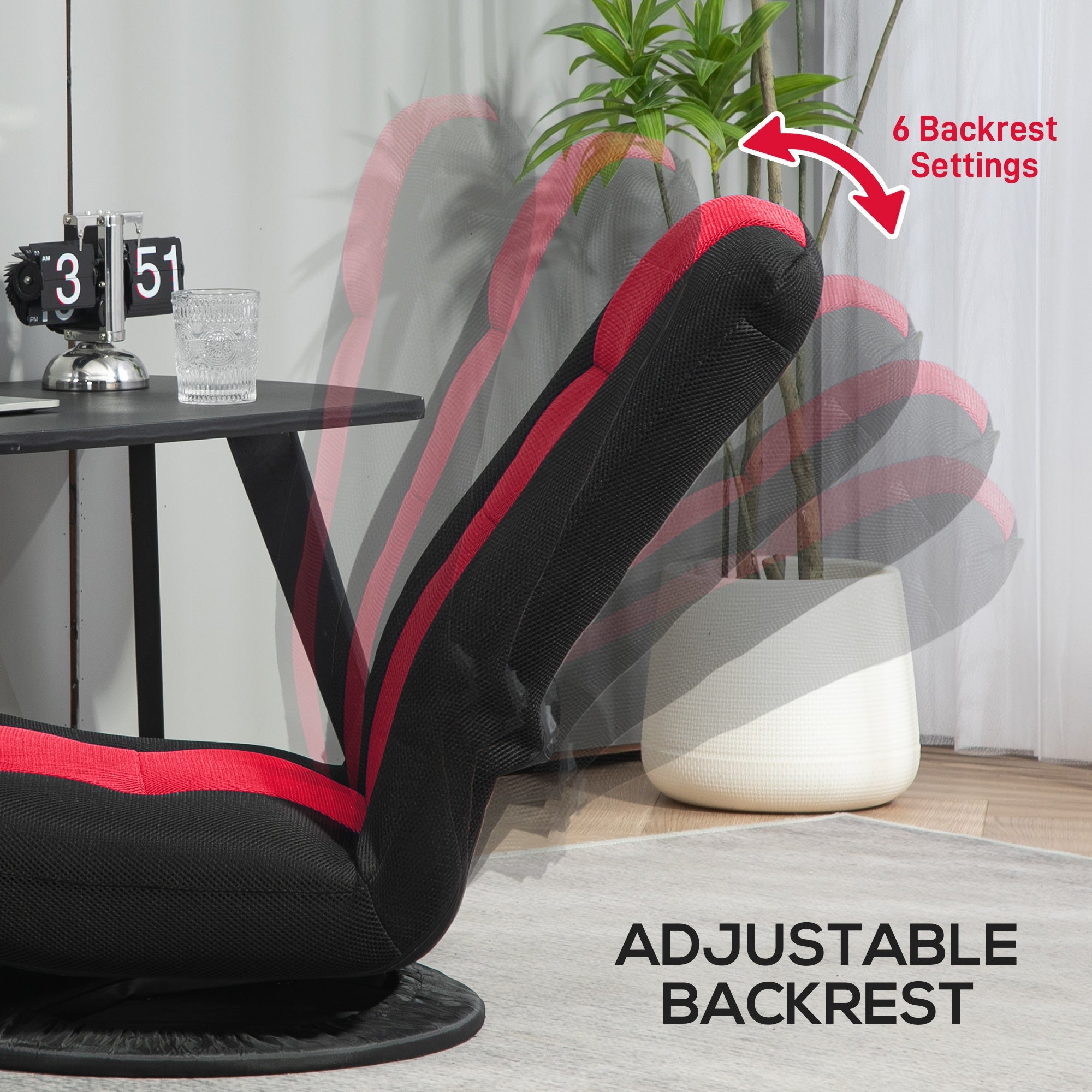 HOMCOM Folding Floor Chair for Adults Teens, 360 Degree Swivel Gaming Chair, 6 Positions Adjustable Lazy Sofa Chair, Red