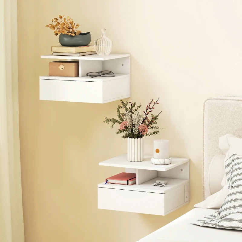 HOMCOM Floating Nightstand Set of 2 with Charging Station, Wall Mounted Bedside Tables with Drawer, Open Shelf, AC Outlet, USB & USB-C Ports, White or Black