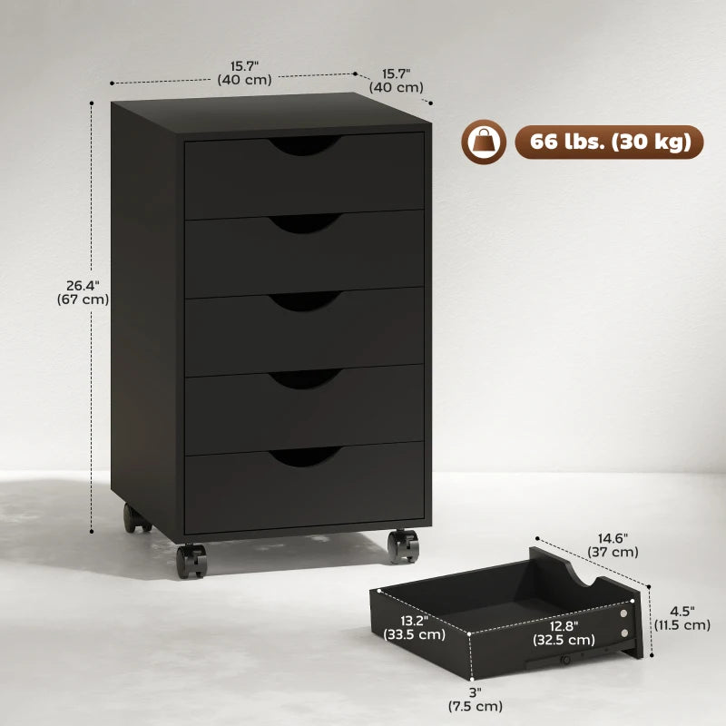 File Cabinet with 5 Drawer Wheels, 15.7" x 15.7" x 26.4", Black
