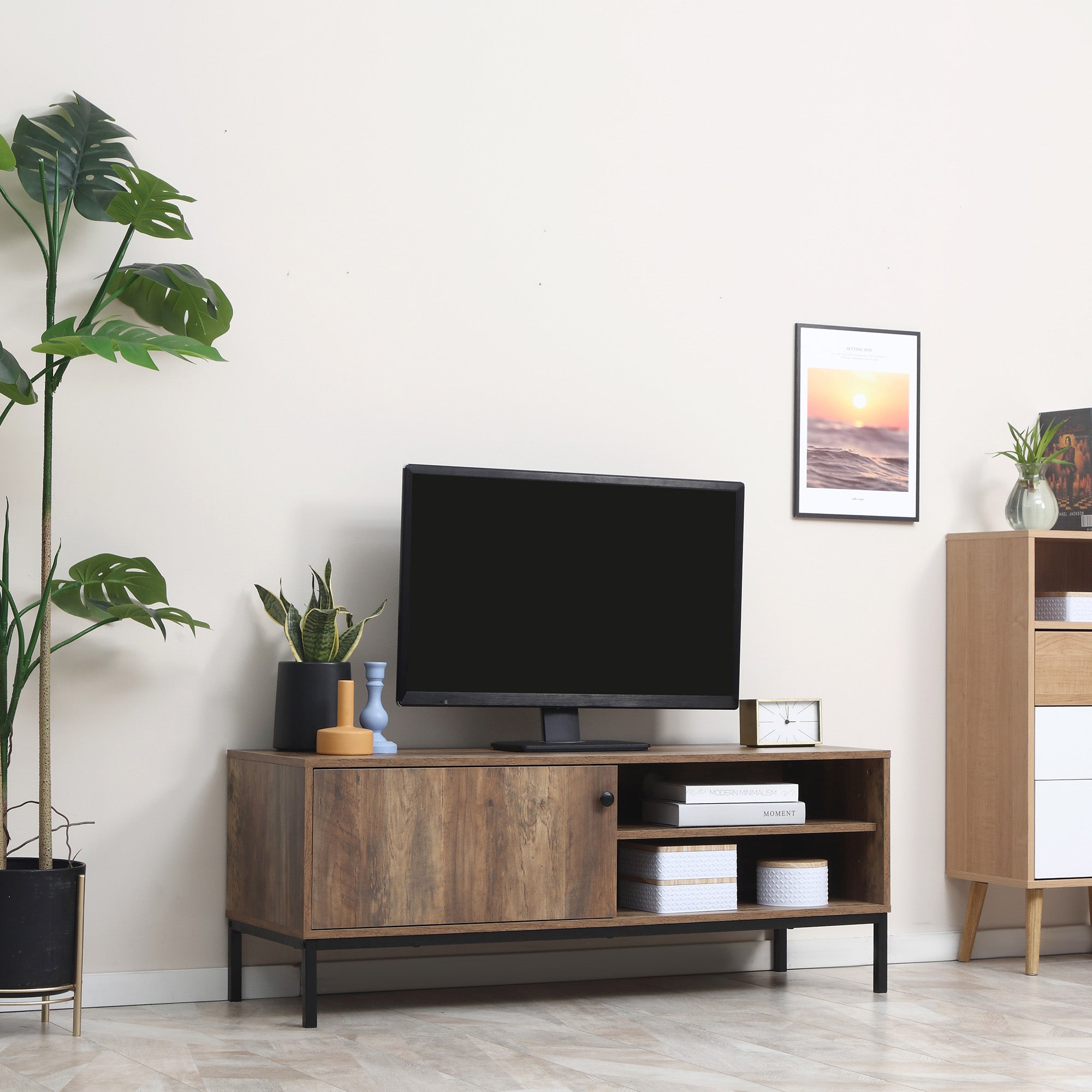 HOMCOM Vintage Flair: Retro TV Cabinet with 3 Compartments, Sliding Door Media Console for Living Room, Coffee Finish