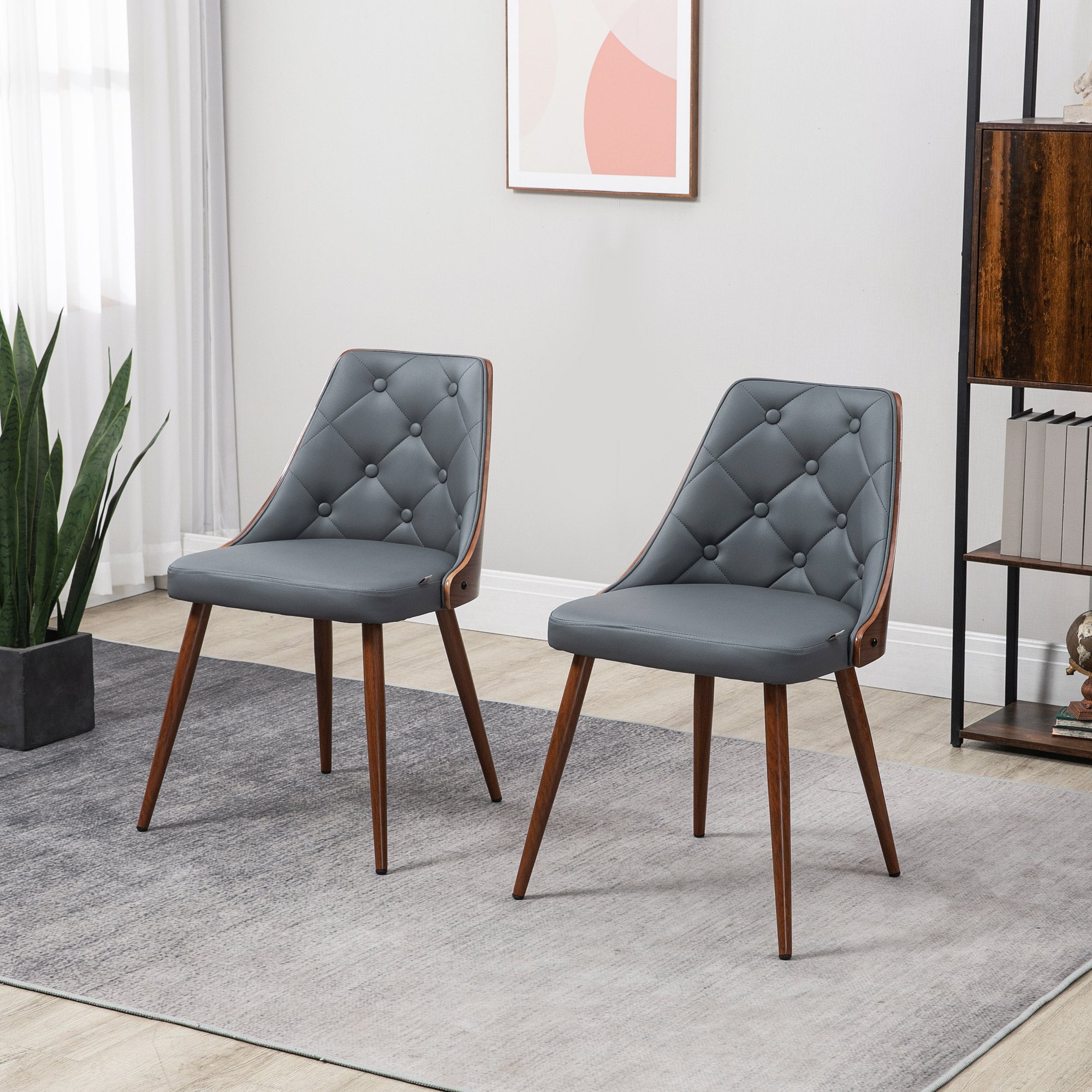 HOMCOM Dining Chair Pair: Modern PU Leather Upholstered, Steel Legs, Side Makeup Chairs, Grey Shade