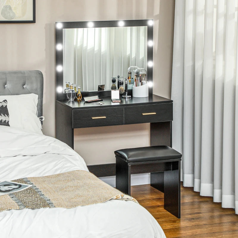HOMCOM Makeup Vanity Desk Set with Stool, LED Lighted Mirror, 2 Drawers, Modern Dressing Table