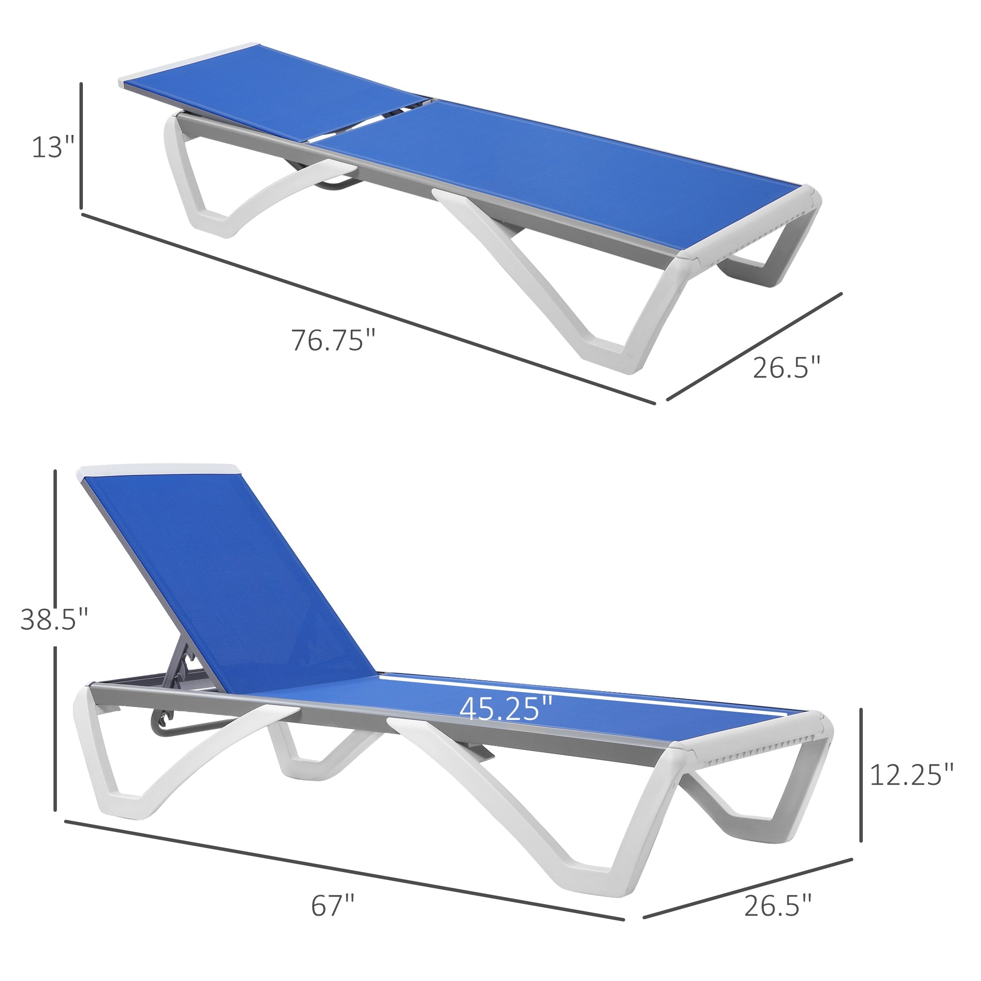 Outsunny Outdoor Chaise Lounge Chair Portable with Adjustable Back Wheels Breathable Mesh Fabric Blue