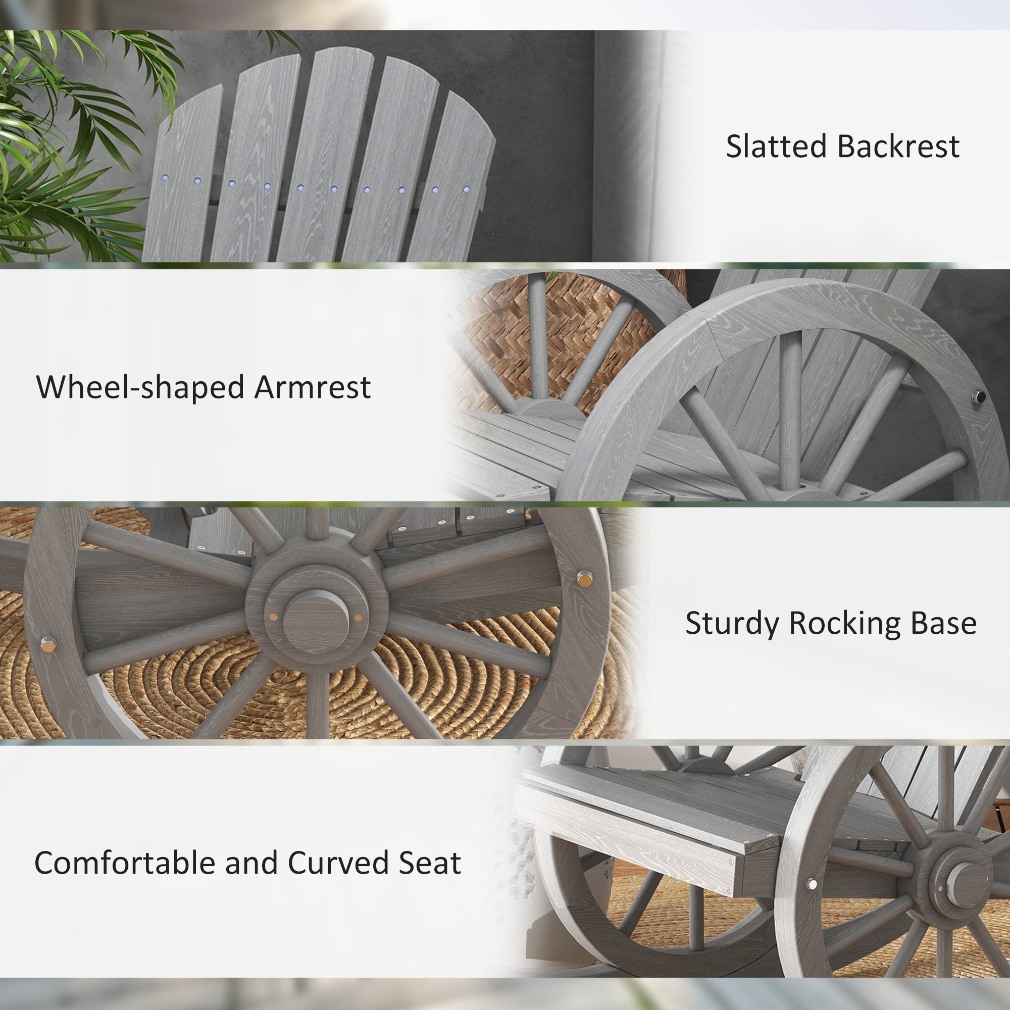 Outsunny Patio Wooden Rocking Chair, Wagon Outdoor Rocker Chair with Slatted Design and Wheel Armrests for Garden, Grey