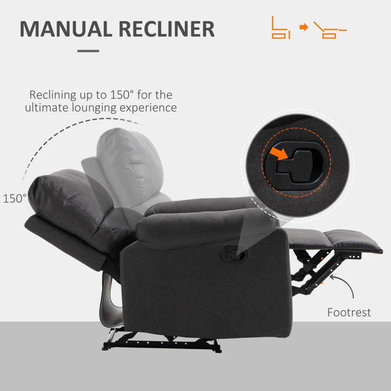 Recliner Chair, Manual Reclining Chair with Footrest, Padded Seat for Living Room, Bedroom, Study, Dark Grey