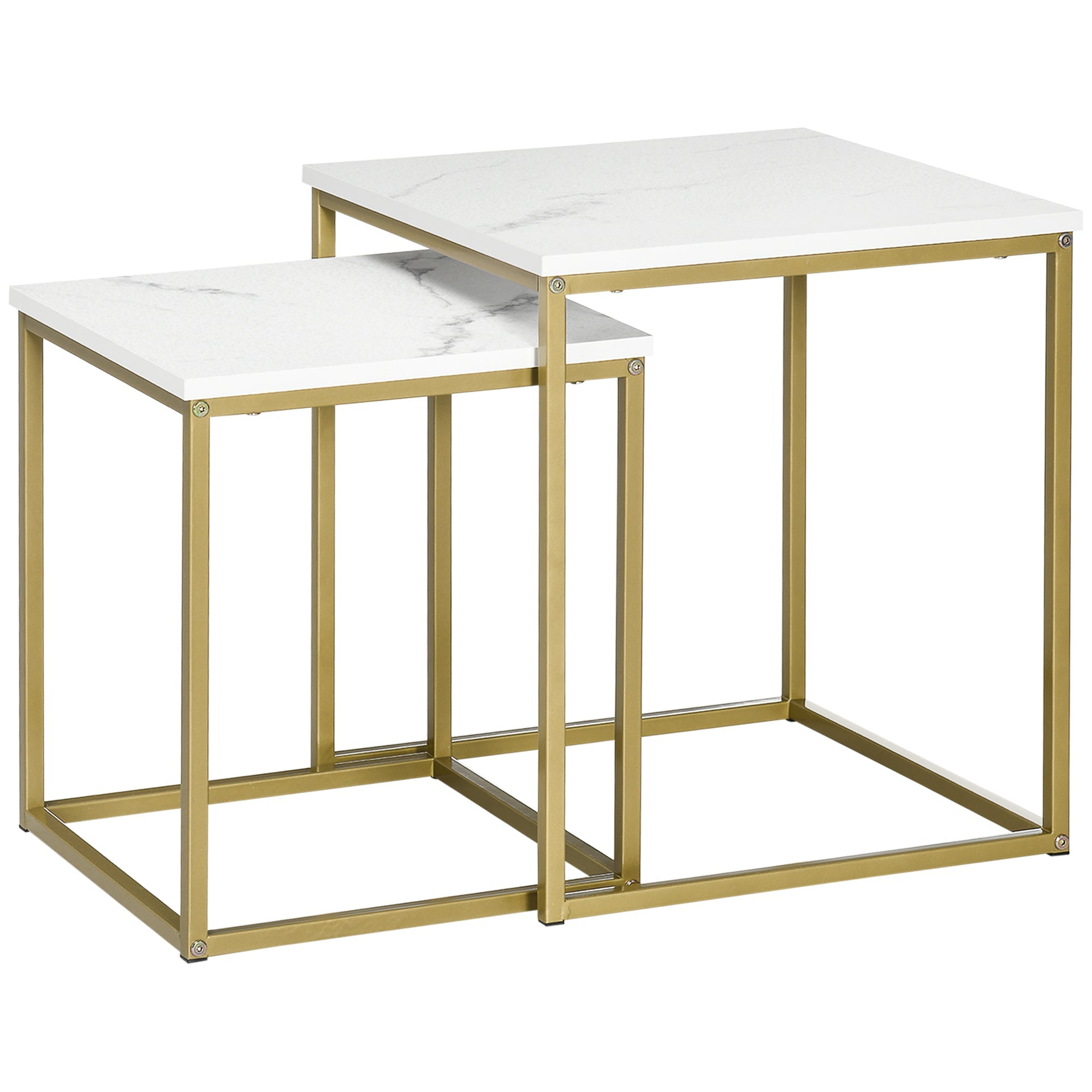 Homcom White Nesting Side Tables: 2-Piece Square Stacking Set with Metal Frame for Living Room/Bedroom