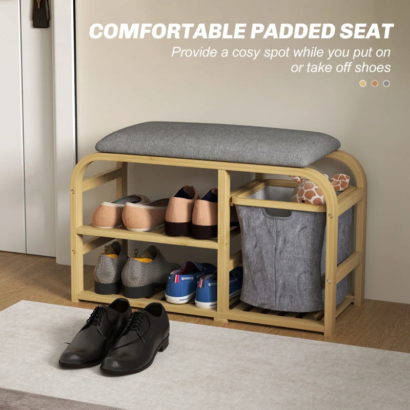 Bamboo Entryway Bench, Shoe Storage Bench with Cushion, Slat Shelves, Pull-Out Basket for Hallway, Entryway, Nature Wood