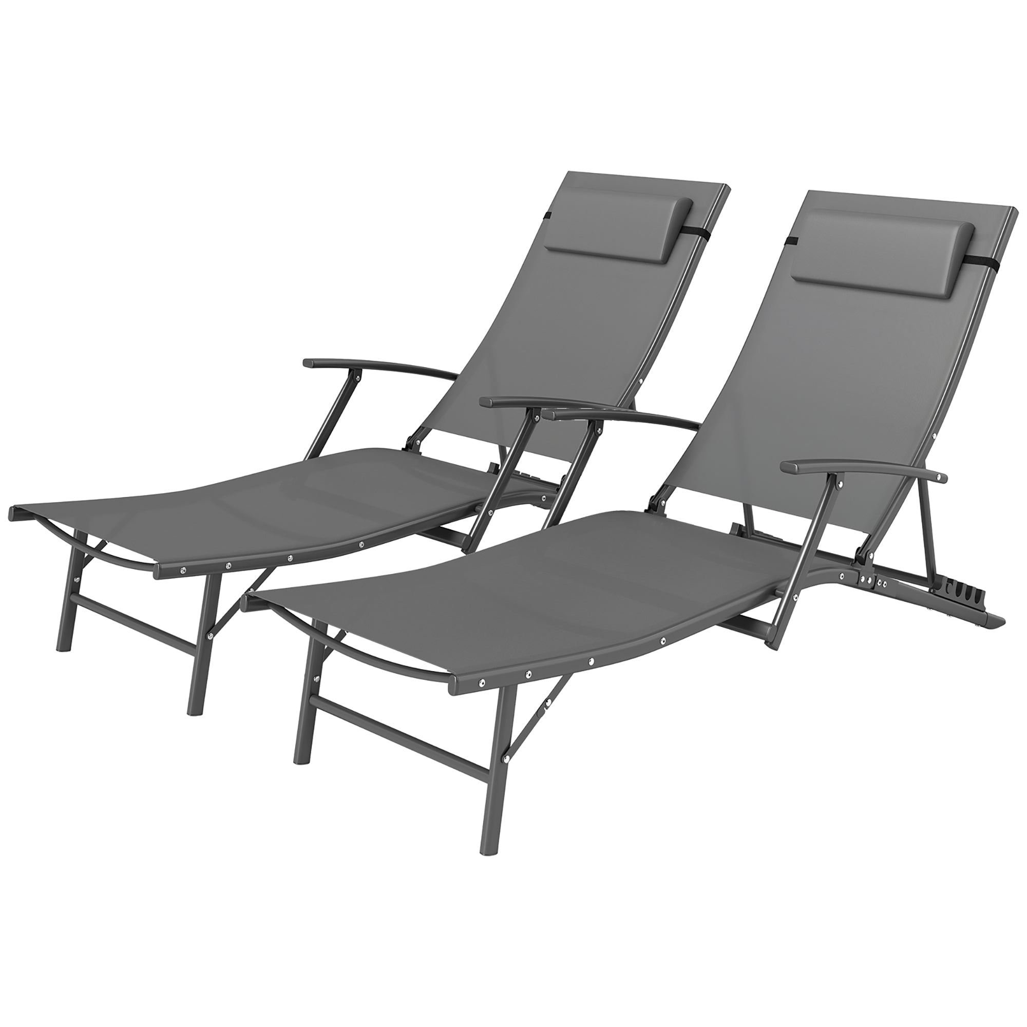 Outsunny Set of 2 Chaise Lounge Chairs, Folding Tanning Chair with Pillow, Outdoor Sun Lounger for Patio, Garden, Beach, Grey