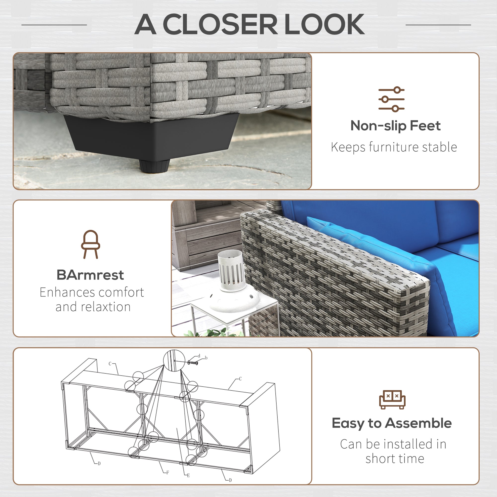 Outsunny 3-Seater Sofa with Cushions - Blue PE Rattan Patio Couch, Conversation Set with Pillows for Garden, Conservatory