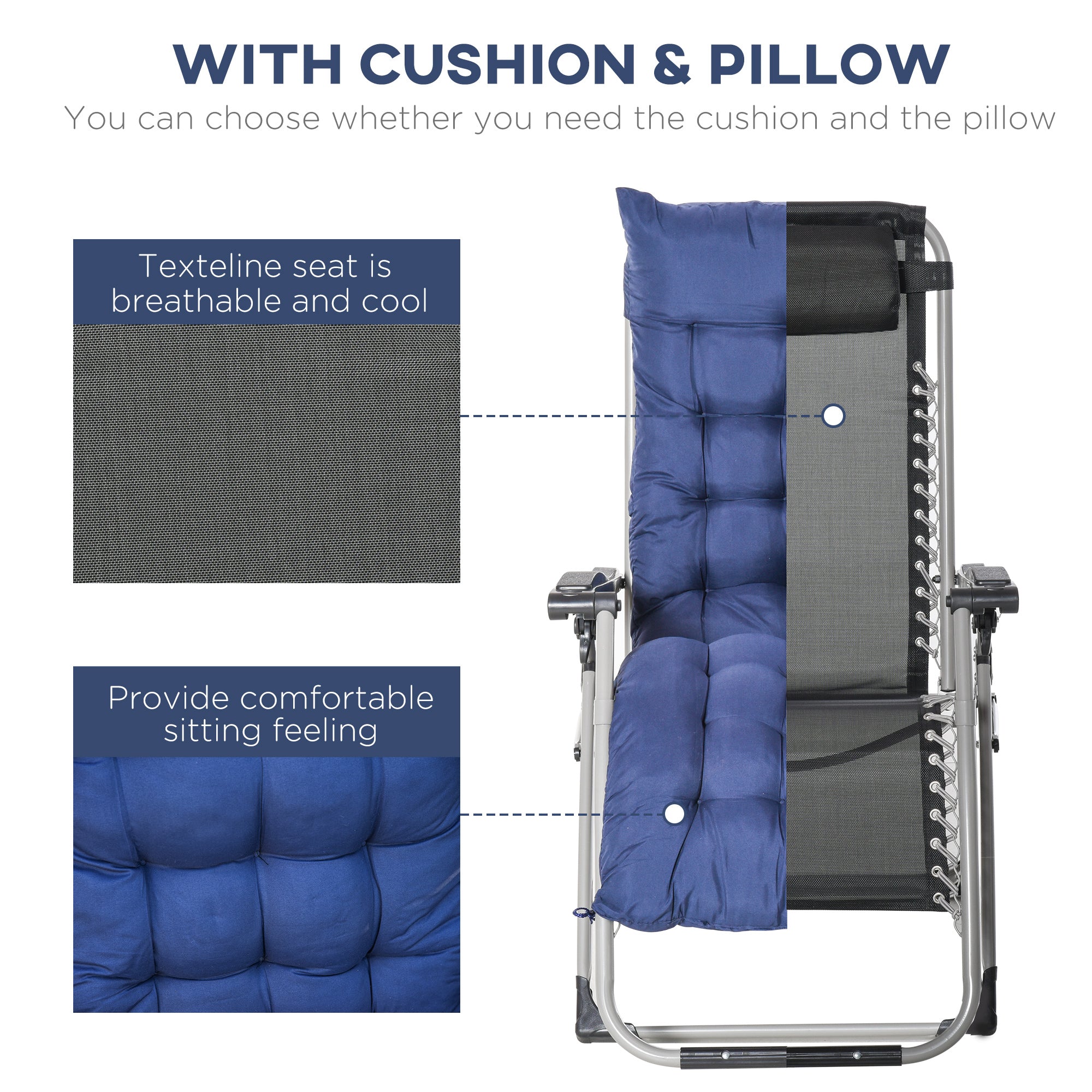 Outsunny Reclining Zero Gravity Chair Folding Garden Sun Lounger with Cushion Headrest Blue