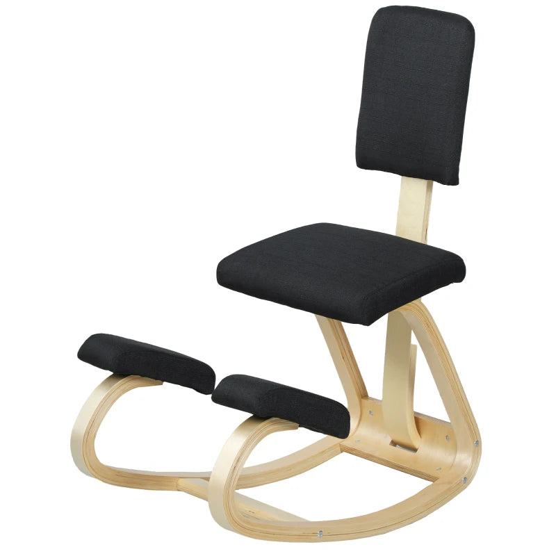 Ergonomic Kneeling Chair, Rocking Wood Kneel Stool with Backrest for Improve Posture, Back Pain, Black