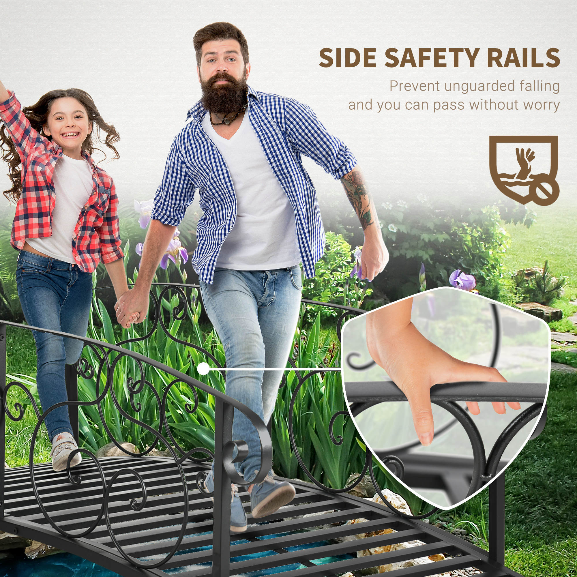 Outsunny Decorative Steel Garden Bridge 6FT with Safety Rails for Backyard Stream Pond Landscaping Black