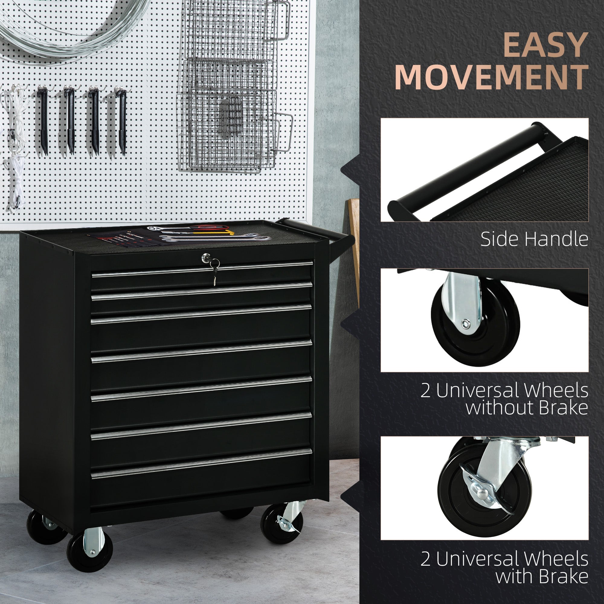 HOMCOM Tool Chest with 7 Lockable Drawers, Mobile Storage Organizer with Handle, Ideal for Workshop, Mechanics, Garage - Sleek Black