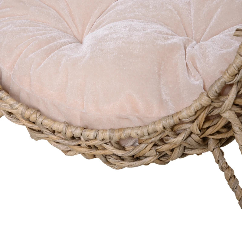 Rattan Cat House with Cushion, Elevated Wicker Kitten Bed for Indoor Cats, Natural Wood