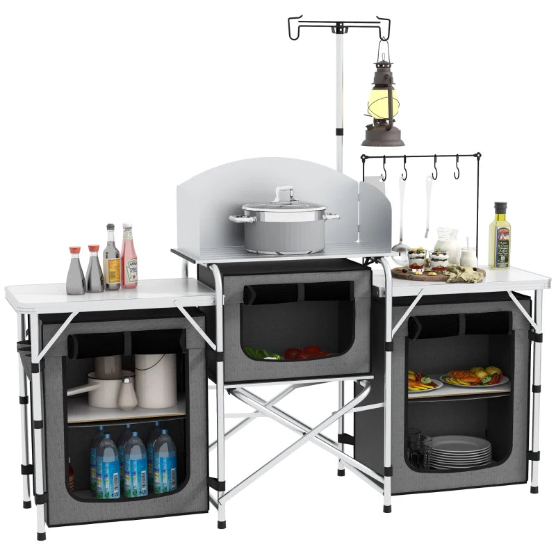 Aluminum Camping Kitchen, Portable Folding Camping Table with Fabric Cupboards, Windshield, Bag for BBQ, Picnic, Grey