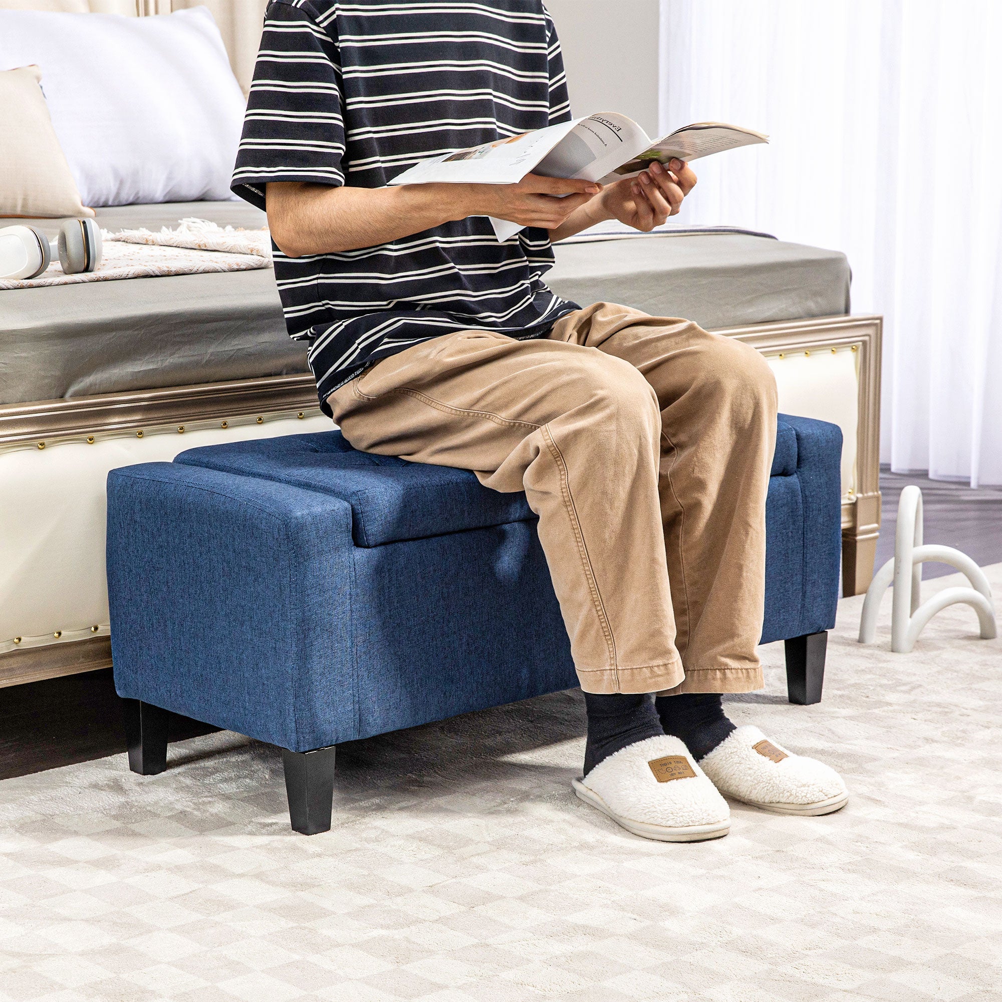 HOMCOM Storage Ottoman Bench, Linen Upholstered Bench with Tufted Design, Dark Blue