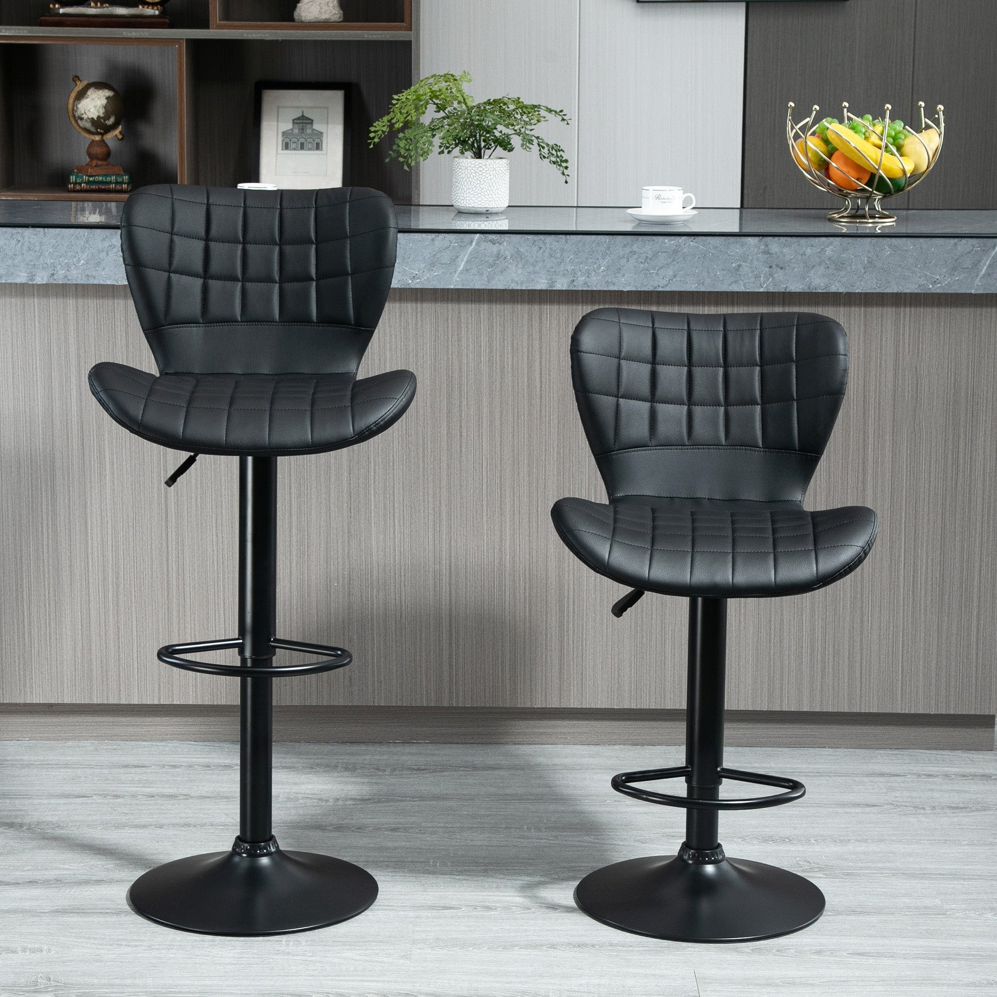 HOMCOM Modern Adjustable Swivel Bar Stools Set of 2 with PU Leather Backrest and Footrest in Black for Kitchen Counter