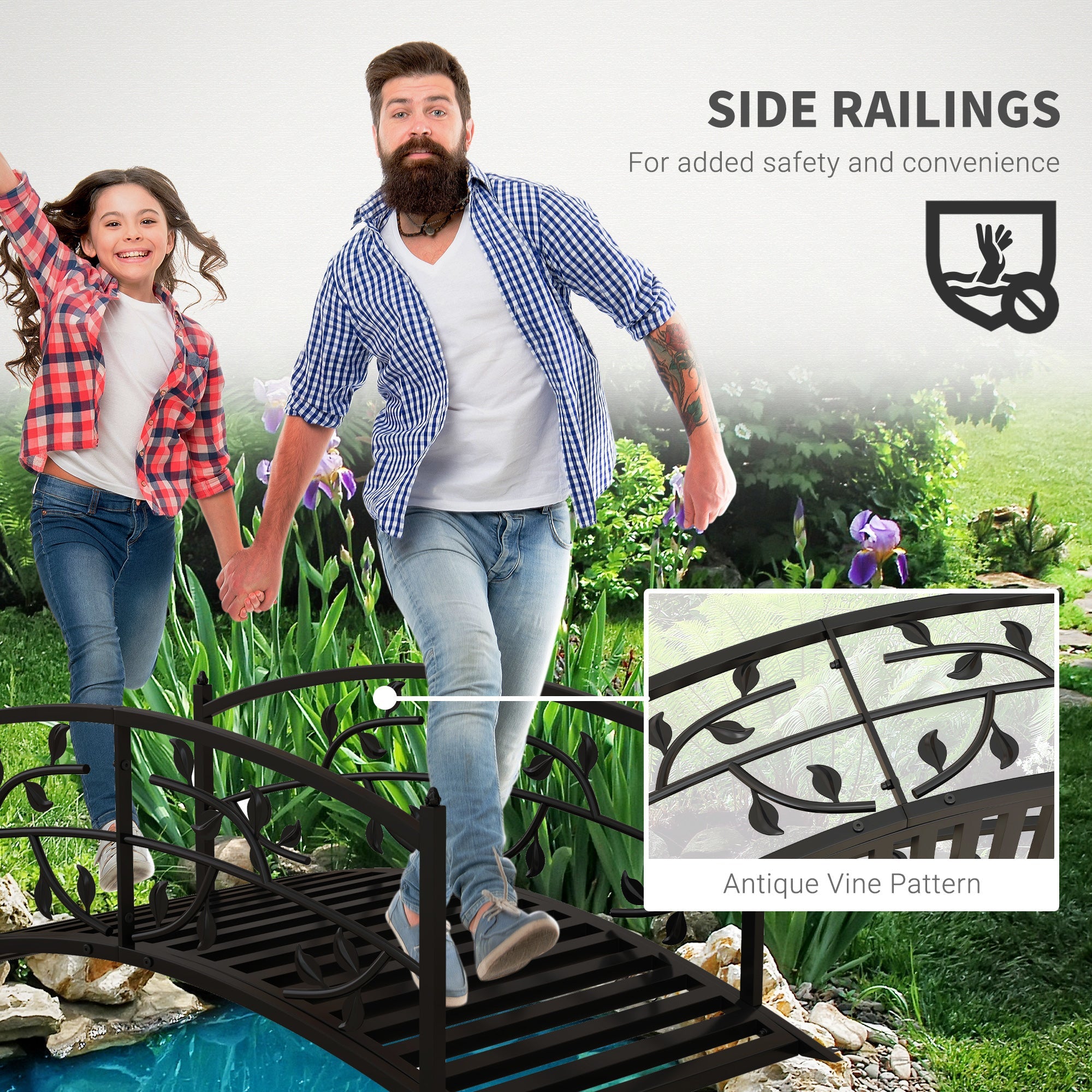 Outsunny 4' Metal Arch Garden Bridge Arc Footbridge with Guardrails and Decorative Vine Pattern, Black