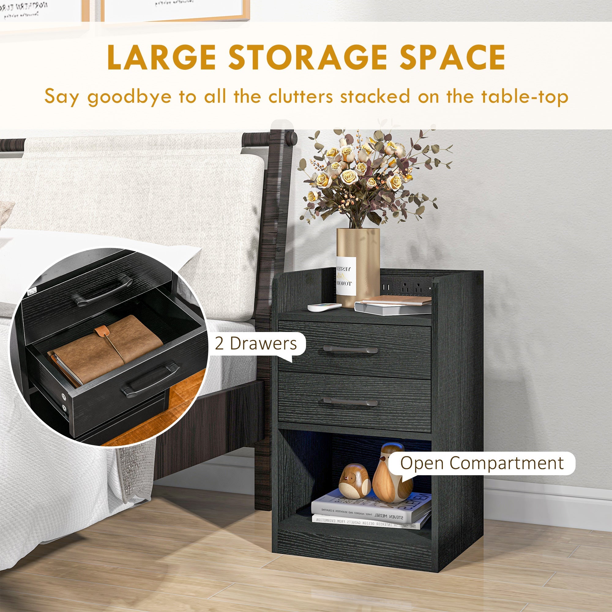 HOMCOM Charging Nightstand: LED Lights, AC Outlets, USB Ports, 2 Drawers, Shelf, Modern Bedroom Furniture, Black