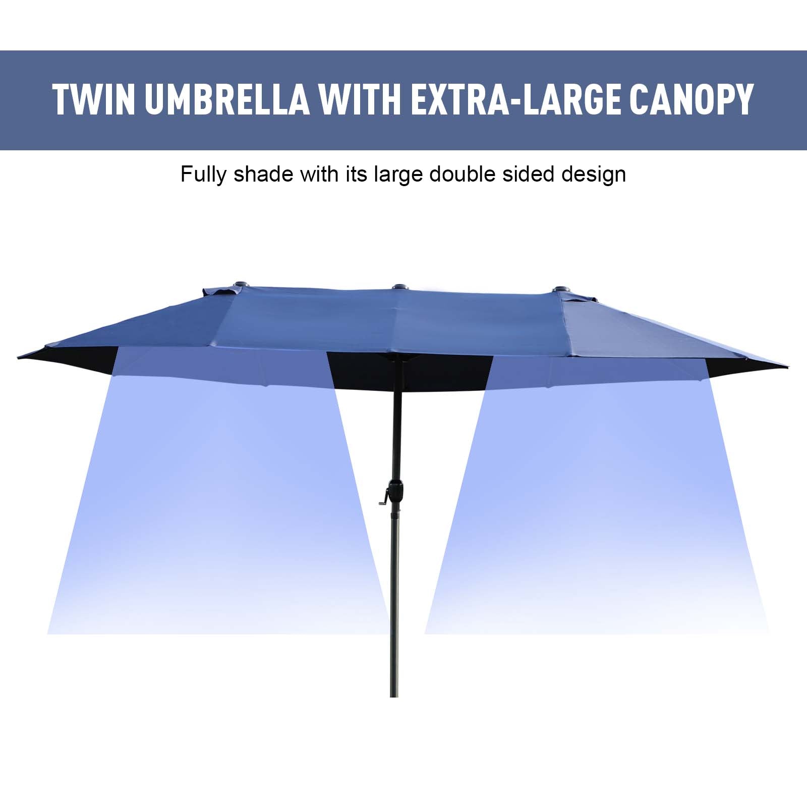 Outsunny Twin Canopy Patio Umbrella: 15ft Blue Outdoor Sunshade with Steel Table & Lift Crank